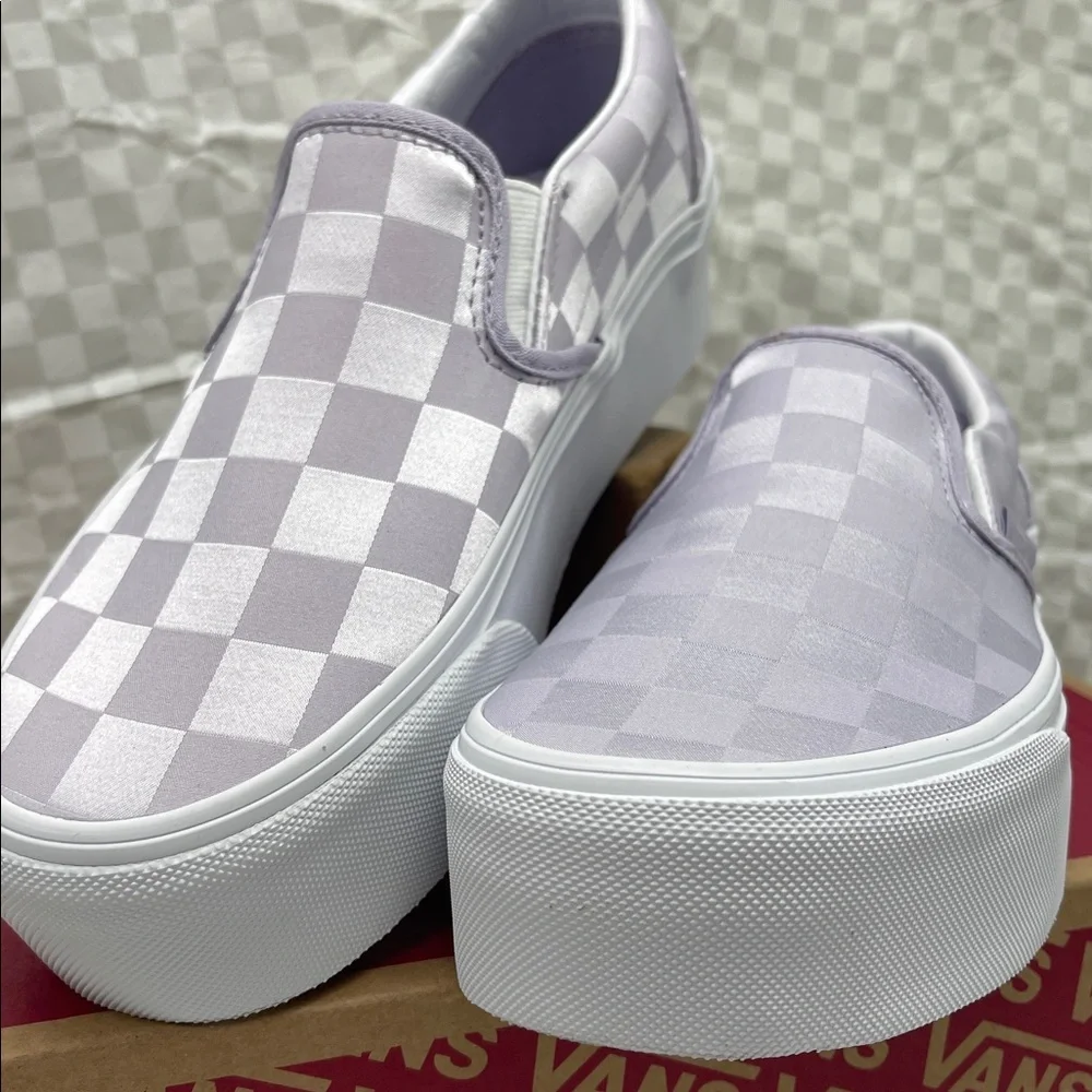 Vans Platform Sneakers Classic Slip-On Stackform Satin Checkerboard Lilac